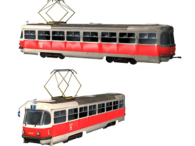 Two Red and White Trams With Pantographs Windows And Number 111 3d model