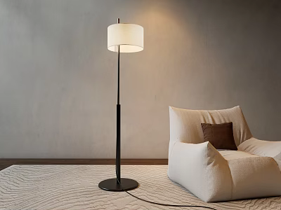 Modern Floor Lamp with Black Pole and White Shade by Beige Sofa and Gray Wall 3d model