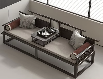 Modern Chinese Daybed With Decorative Pillows And Wooden Tea Table 3d model