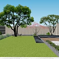 Modern Garden Landscape With Reflection Pool And Colorful Trees Near Seats