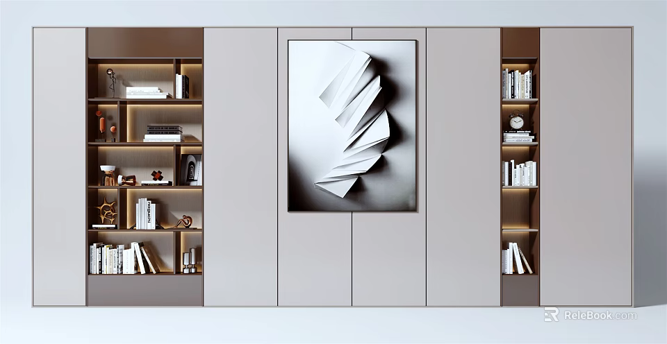 Modern Bookcase Interior Design With Abstract Wall Art And Layered Shelves And Illuminated Books 3d model 