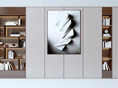 Modern Bookcase Interior Design With Abstract Wall Art And Layered Shelves And Illuminated Books 3d model