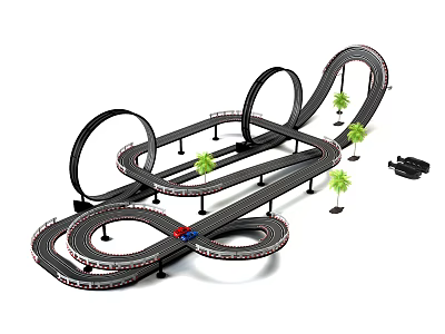 Toy Race Track Set With Curved Loops Palm Trees And Mini Car 3d model