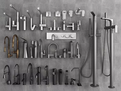 Various Bathroom Faucets And Shower Accessories In Different Styles Displayed On Gray Background 3d model
