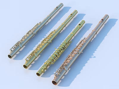 Four Variously Colored Metal Flutes With Intricate Key Details For Daily Use 3d model
