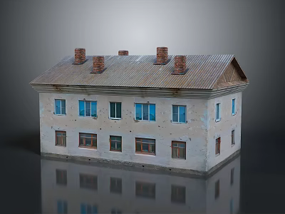Old Worn House Model With Multiple Chimneys Light Colored Walls And Metal Roof 3d model