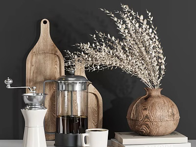 Decorative Accessories Set With Wooden Cutting Board Coffee Grinder And Dried Flowers In Vase 3d model