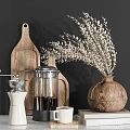 Decorative Accessories Set With Wooden Cutting Board Coffee Grinder And Dried Flowers In Vase