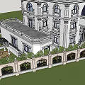 Detached Villa Classic Exterior Design With Arched Windows Balconies Garden And Red Car On Driveway