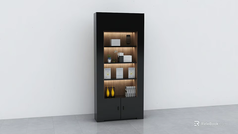 Modern Black Storage Display Cabinet With Multiple Shelves And Decorative Items On White Wall Background 3d model 