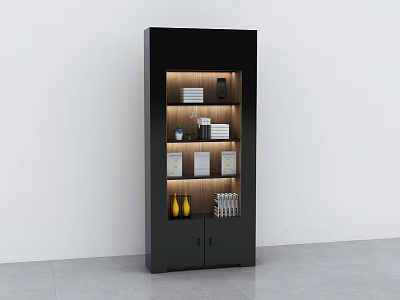 Modern Black Storage Display Cabinet With Multiple Shelves And Decorative Items On White Wall Background 3d model