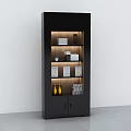 Modern Black Storage Display Cabinet With Multiple Shelves And Decorative Items On White Wall Background