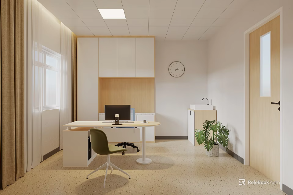 Hospital Outpatient Clinic Interior With Desk Computer Cabinets Clock And Plant 3d model 