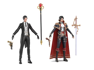 Game Movie Characters in Black Suit Red Cape with Pistol Staff and Sword 3d model