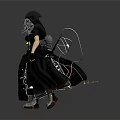 Hooded Fantasy Witch Character With Gray Hair Black Robe And Staff With Mythical Creature Motifs