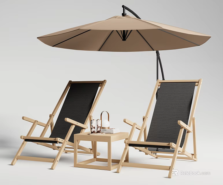 Two Wooden Lounge Chairs With Black Mesh Backrest And Side Table Under Patio Umbrella 3d model 
