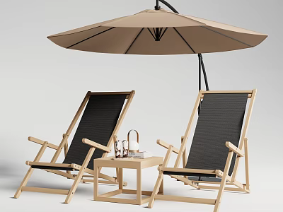 Two Wooden Lounge Chairs With Black Mesh Backrest And Side Table Under Patio Umbrella 3d model