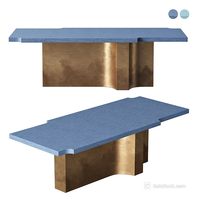 Modern Dining Table With Blue Tabletop And Golden Metal Base Structure 3d model 
