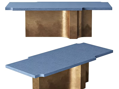 Modern Dining Table With Blue Tabletop And Golden Metal Base Structure 3d model