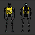 Two Humanoid Robots With Black Bodies Yellow Spiral Backs Blue Eyes And Mechanical Joints