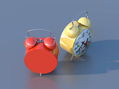 Red and Yellow Round Alarm Clocks with Bell Attachments and Dial with Pointers 3d model