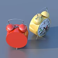 Red and Yellow Round Alarm Clocks with Bell Attachments and Dial with Pointers