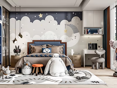 Cozy Kids Room With Starry Moon Cloudy Wallpaper Blue Headboard Bed Stuffed Toys Desk Chair 3d model
