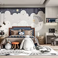 Cozy Kids Room With Starry Moon Cloudy Wallpaper Blue Headboard Bed Stuffed Toys Desk Chair