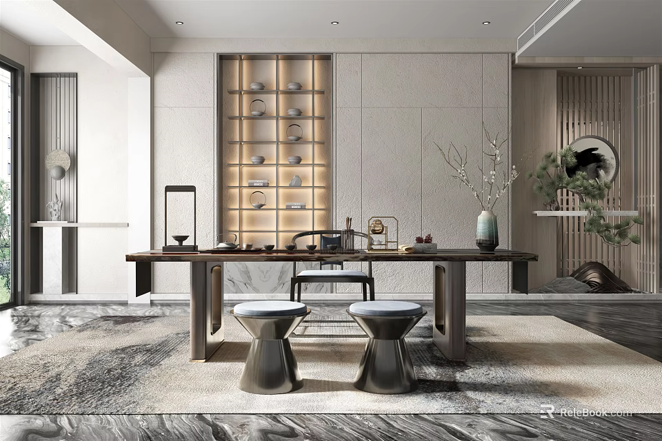 Modern Tea Room Interior Design With Long Table Round Stools And Lit Display Shelf 3d model 
