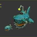 Blue Mechanical Shark Robot With Small Fish Creature Design Features 3d model