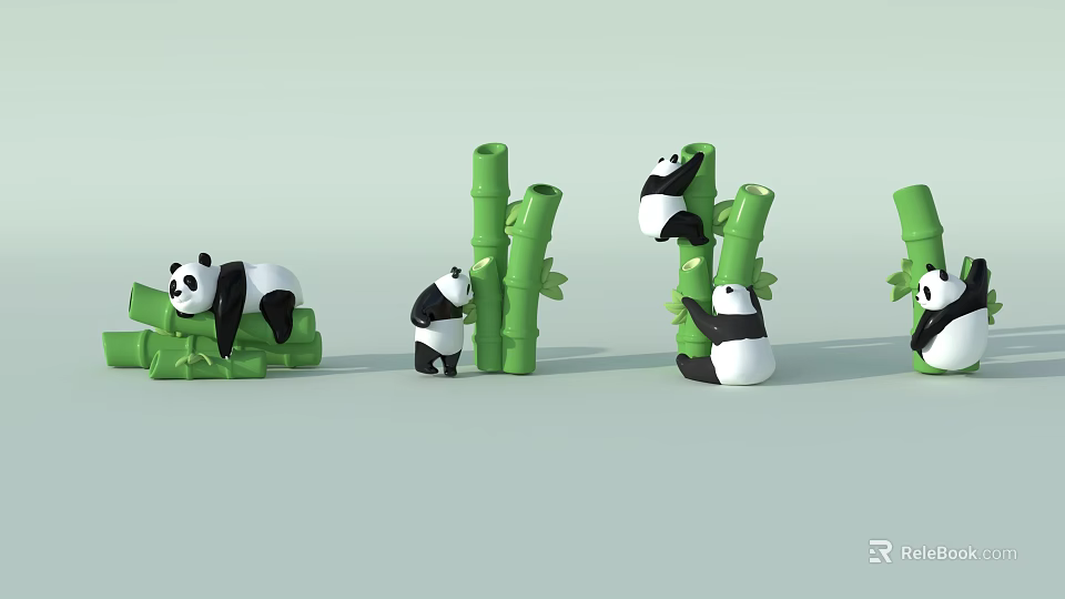 Interactive Area Featuring Playful Pandas Climbing And Resting On Green Bamboo 3d model 