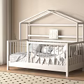White House Shaped Crib in Modern Nursery Room with Checkered Rug Decorative Blankets and Pillows