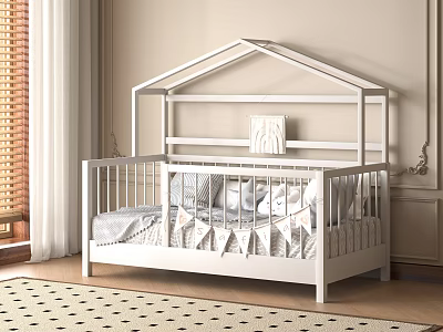 White House Shaped Crib in Modern Nursery Room with Checkered Rug Decorative Blankets and Pillows 3d model