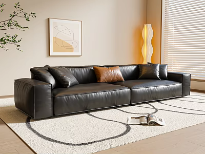 Black Leather Sectional Sofa with Beige Wall Decorative Painting Floor Lamp Area Rug and Magazines 3d model