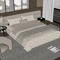 Double Bed With Beige Quilt Light Wood Headboard Armchair And Large Window In Modern Bedroom