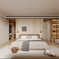 Modern Bedroom Interior With Starry Accent Wall Bed Bench Rug Artwork And Scenic View