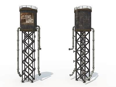 Two Weathered Water Towers with Metal Frames Pipes and Pittsburg Home Sign 3d model