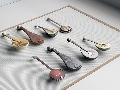 Various Traditional String Instruments With Different Colors And Shapes Neatly Arranged On Light Colored Mat 3d model