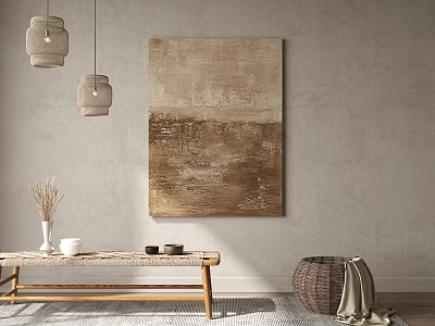 Natural Interior Design With Beige Wall Brown Abstract Painting Woven Pendant Lights And Decorative Bench 3d model