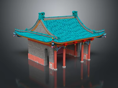 Cartoon Style Chinese Traditional Pavilion Scene With Green Roof Red Pillars And Decorative Eaves 3d model