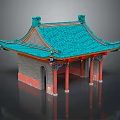 Cartoon Style Chinese Traditional Pavilion Scene With Green Roof Red Pillars And Decorative Eaves