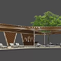 Modern Wooden Pergola With Curved Roof Structure Outdoor Seating And Hanging Lights