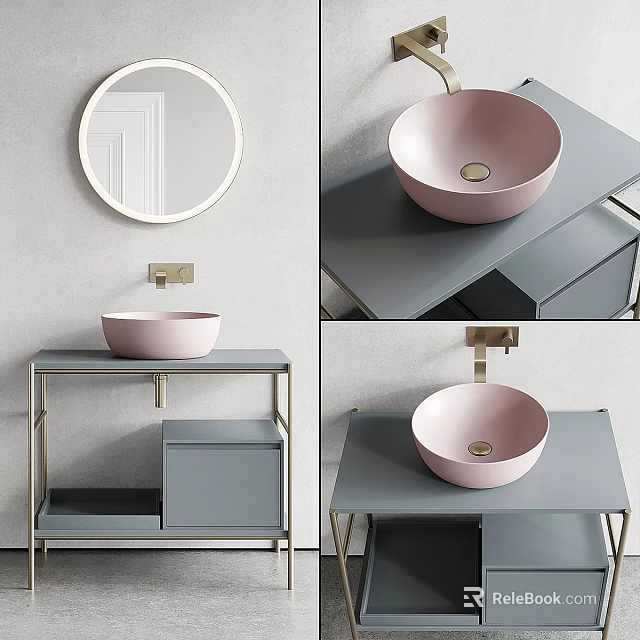 Elegant Bathroom Vanity with Pink Basin Gray Countertop Metal Frame and Round Mirror 3d model 