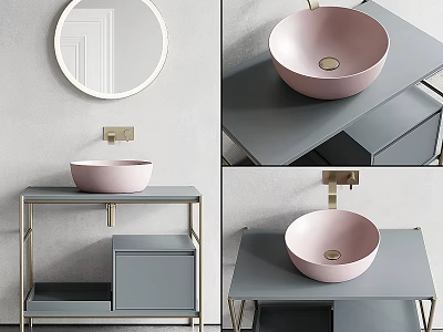 Elegant Bathroom Vanity with Pink Basin Gray Countertop Metal Frame and Round Mirror 3d model