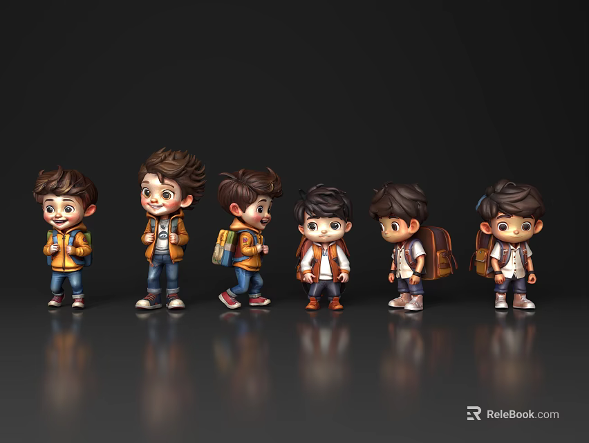 Group of Cartoon Boys with School Backpacks in Casual Outfits and Different Poses 3d model 