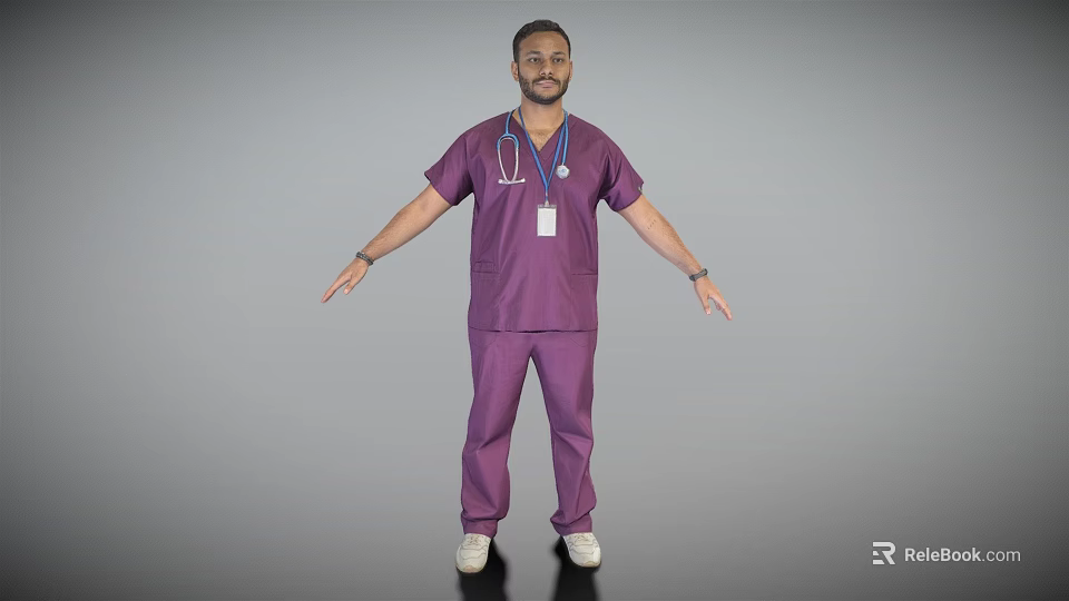 Man in Purple Scrubs With Stethoscope and ID Badge Arms Outstretched on Gray Background 3d model 