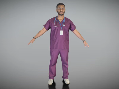 Man in Purple Scrubs With Stethoscope and ID Badge Arms Outstretched on Gray Background 3d model