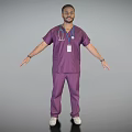Man in Purple Scrubs With Stethoscope and ID Badge Arms Outstretched on Gray Background