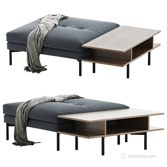 Modern Gray Sofa Bench With Cozy Throw Blanket And Wooden Table 3d model 