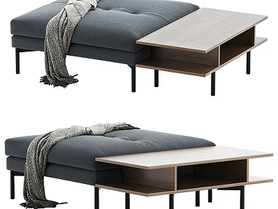 Modern Gray Sofa Bench With Cozy Throw Blanket And Wooden Table 3d model